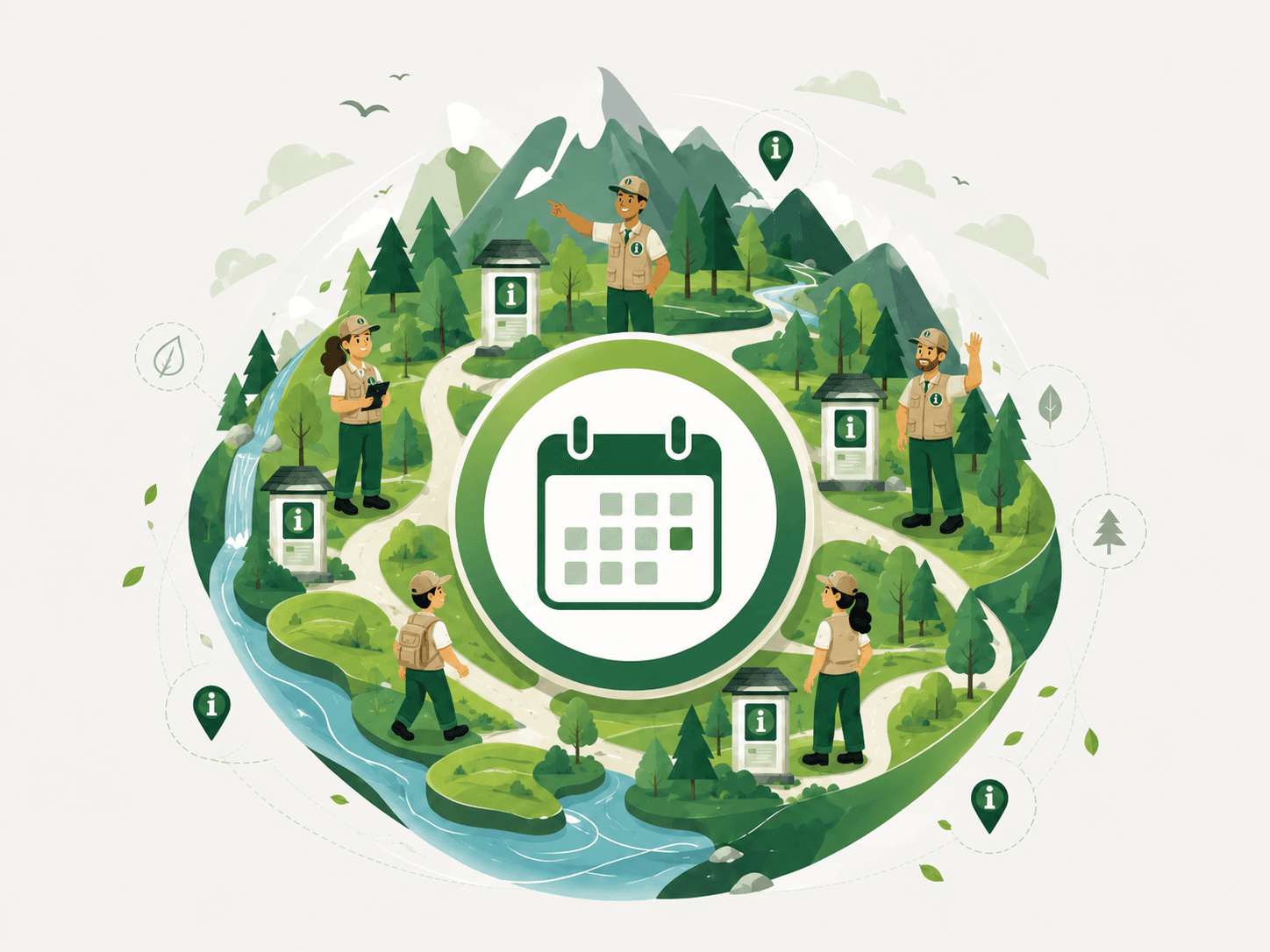 Il·lustració d’un parc natural amb punts d’informació, equip humà i calendari