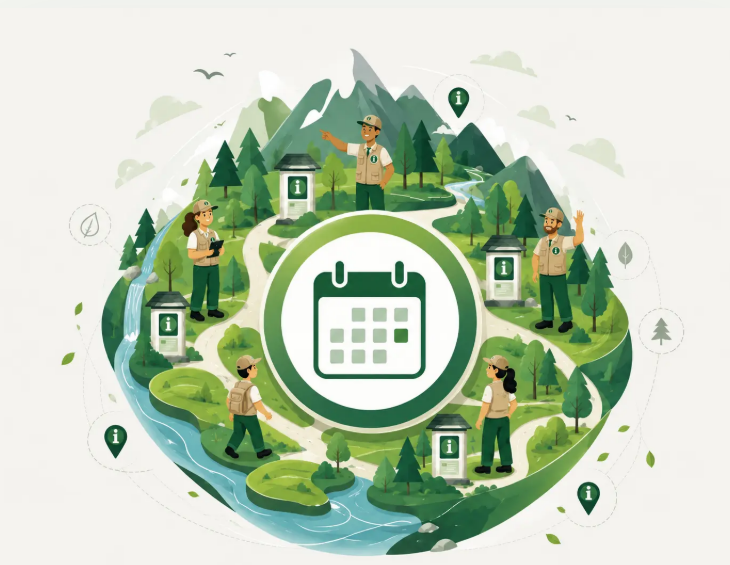 Il·lustració de punts d'informació, equip i calendari en un parc natural